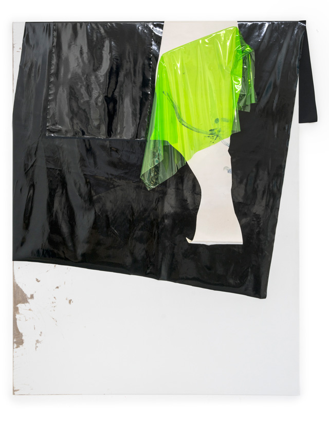 Michaela Zimmer. 180101, 2018. Acrylic, lacquer, PE film, lacktex oilcloth, on canvas, 200 x 155 cm.