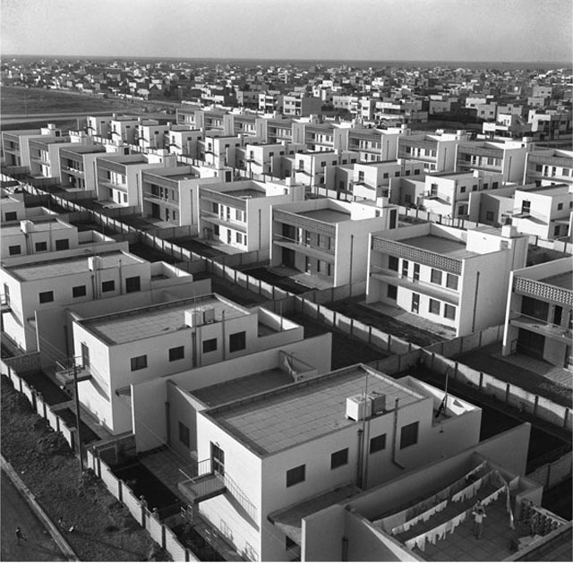 Latif Al Ani. Yarmouk, Housing Project Offices, 1962. B+W digital print on Hahnemühle Baryta Fine Art paper, 25 x 25 cm. © The artist and the Arab Image Foundation, Courtesy the Ruya Foundation.