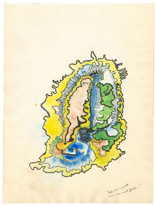 Ida Applebroog. Mercy Hospital, 1969 – 1970. Watercolour and ink on paper, 50.8 x 38.1 cm (20 x 15 in). © Ida Applebroog. Courtesy the artist and Hauser & Wirth. Photograph: Emily Poole.