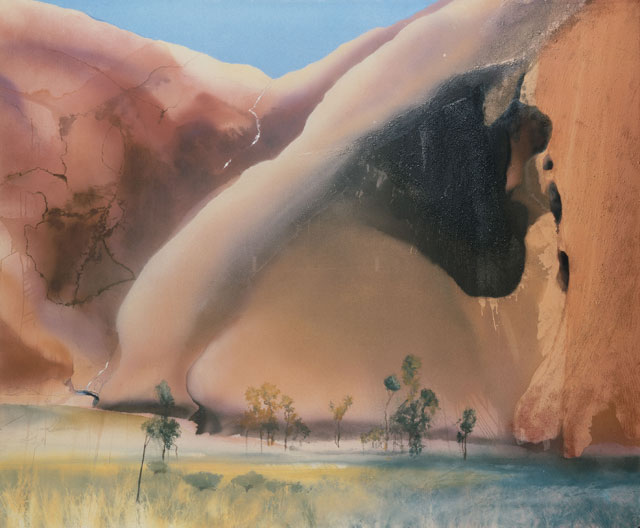 Michael Andrews. Permanent Water Mutidjula, by the Kunia Massif (Maggie Spring, Ayers Rock), 1985 – 1986. Acrylic on canvas, 213.4 x 259.1 cm (84 × 102 in). © The Estate of Michael Andrews, courtesy James Hyman Gallery, London.