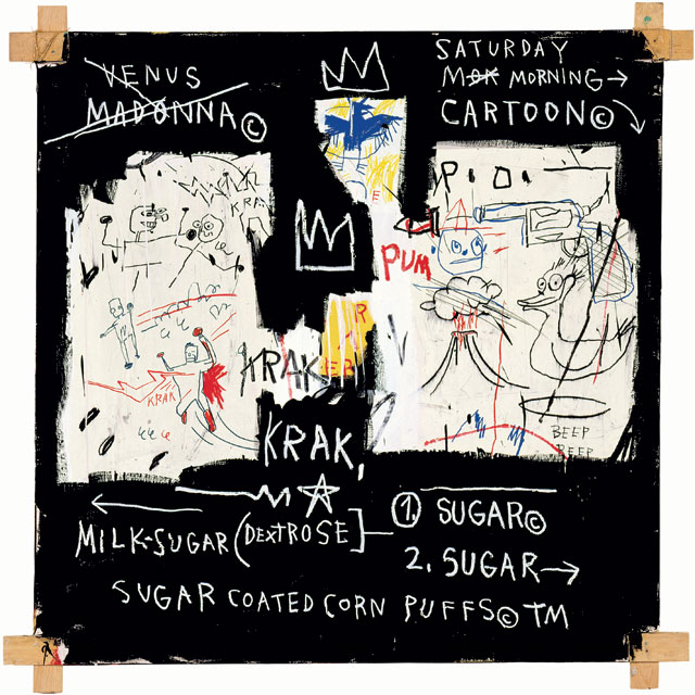 Jean-Michel Basquiat. A Panel of Experts, 1982. Acrylic, oil paintstick and paper collage on canvas with exposed wood supports and twine, 152.5 x 152 x 4.5 cm. Courtesy The Montreal Museum of Fine Arts. © The Estate of Jean-Michel Basquiat. Licensed by Artestar, New York. Photograph: MFA, Douglas M Parker.
