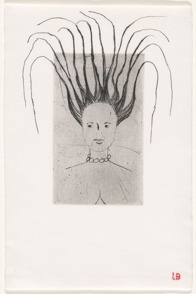 Louise Bourgeois. Femme, 2006. Drypoint, with hand additions, on fabric. Sheet: 10 1/4 × 6 1/4 in (26 × 15.9 cm). The Museum of Modern Art, New York. Gift of The Easton Foundation. © 2017 The Easton Foundation/Licensed by VAGA, NY.
