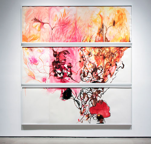 Maria Magdalena Campos-Pons. The One That Carries Fire, 2011. Drawing and mixed media on paper, three panels, 34 × 92 in each.
Courtesy of the artist and Stephan Stoyanov Gallery.