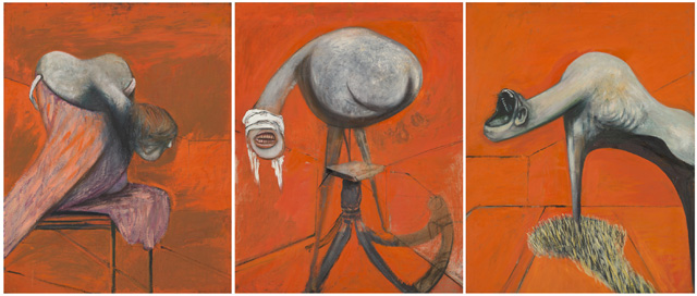 Francis Bacon. Three Studies for Figures at the Base of a Crucifixion, c1944. Oil paint on three boards, each: 94 x 73.7 cm. © Tate.