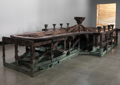 Matthew Barney. Rouge Battery, 2014. Cast copper and iron, 28 x 90 x 179 in. Courtesy of the artist and Gladstone Gallery, New York and Brussels, installation view of Matthew Barney: RIVER OF FUNDAMENT at Museum of Old and New Art (MONA), 2014-15. Photograph: Rémi Chauvin/MONA.