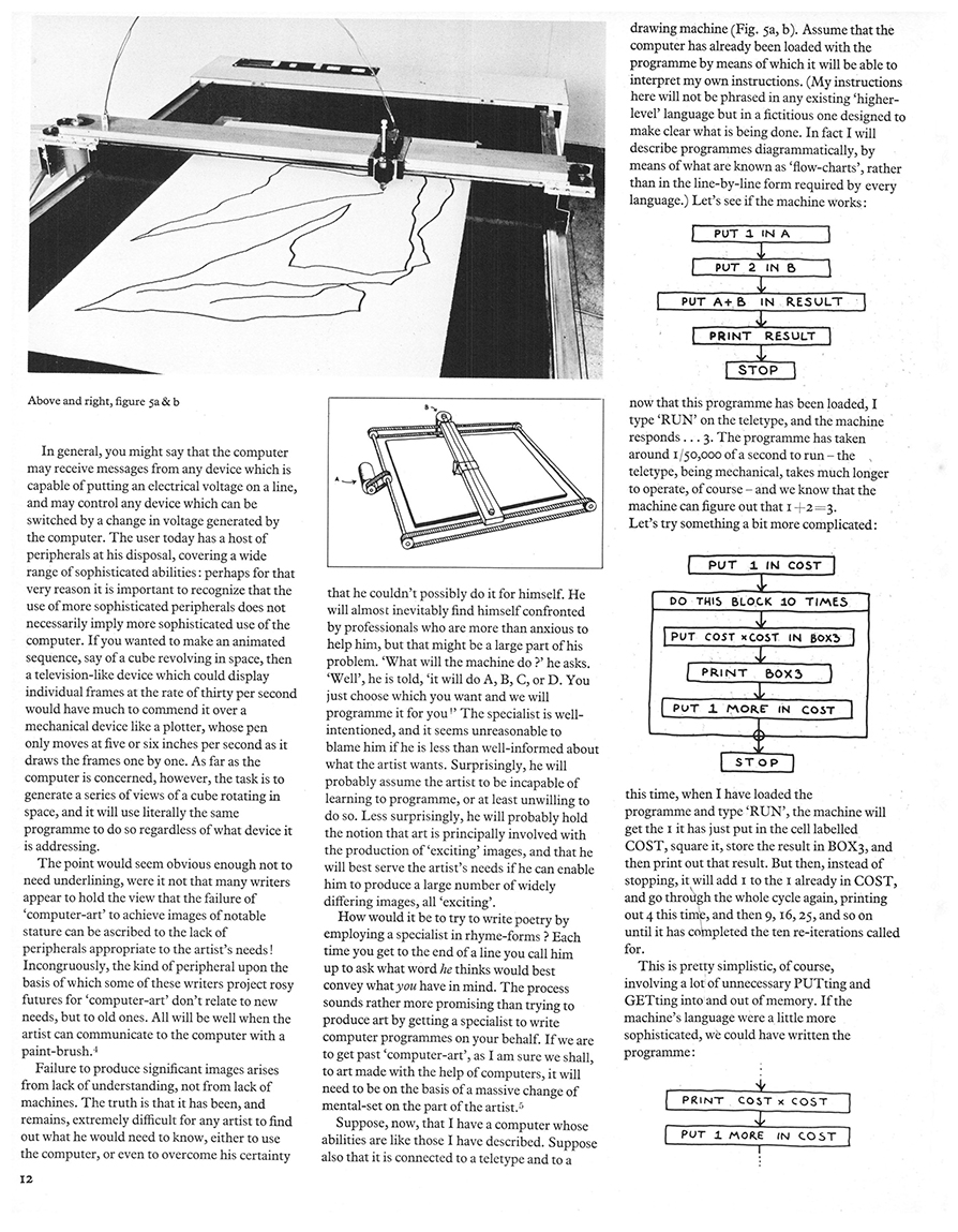 On Purpose: An enquiry into the possible roles of the computer in art. Studio International, Vol 187, No 962, January 1974, page 12.