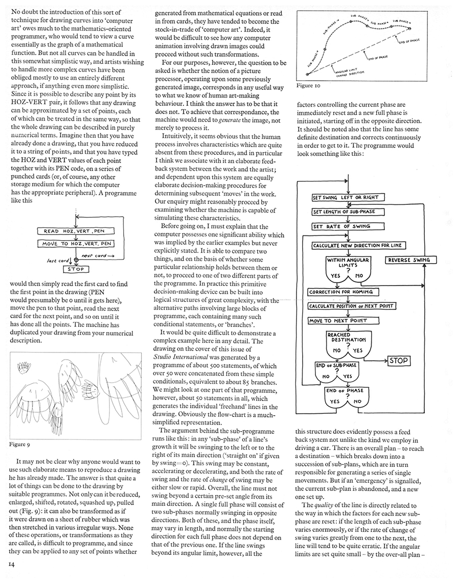 On Purpose: An enquiry into the possible roles of the computer in art. Studio International, Vol 187, No 962, January 1974, page 14.
