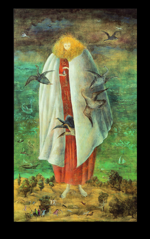 Leonora Carrington. The Giantess (The Guardian of the Egg), c1947. Tempera on wood panel, 117 x 68 cm. Collection Miguel S. Escobedo. © Estate of Leonora Carrington/ARS.