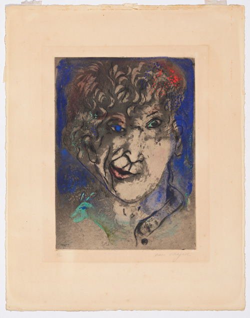 Marc Chagall. Self-Portrait with Grimace, 1925. Etching and aquatint with gouache and wash on wove paper, plate: 37.5 x 27.5 cm; sheet: 57.5 x 45 cm.