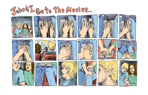 Lauren Weinstein. 'Movie,' page 1, 2005. Ink and watercolor on paper. 14' x 17'. Courtesy Adam Baumgold Gallery.