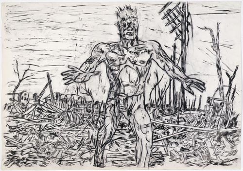 Gary Panter. Drawing for<em> 'Jimbo is Stepping off the Edge of a Cliff!'</em> from <em>Jimbo</em> c. 1988. Pen and ink on paper. Collection of the artist. Reproduced with permission of the artist.