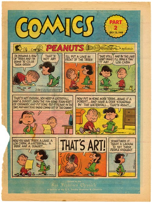 Charles M. Schulz. <em>Peanuts.</em> Sunday newspaper page (published 13 October 1968). Pen and ink. Charles M. Schulz Museum and Research Center. <em>PEANUTS</em> © United Feature Syndicate, Inc.