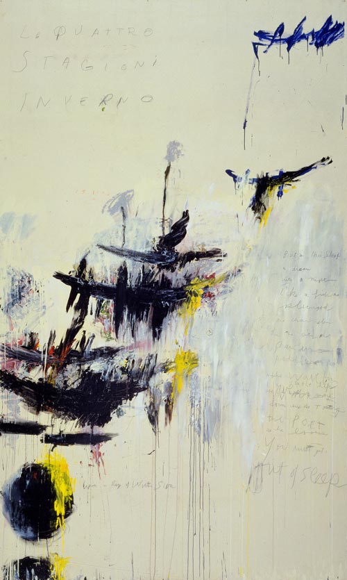 <strong>Cy Twombly, </strong>Quattro stagioni, Part IV: Inverno, 1993-94. Synthetic polymer paint, oil, house paint, pencil and crayon on canvas 313x 190.1 cm. MoMA