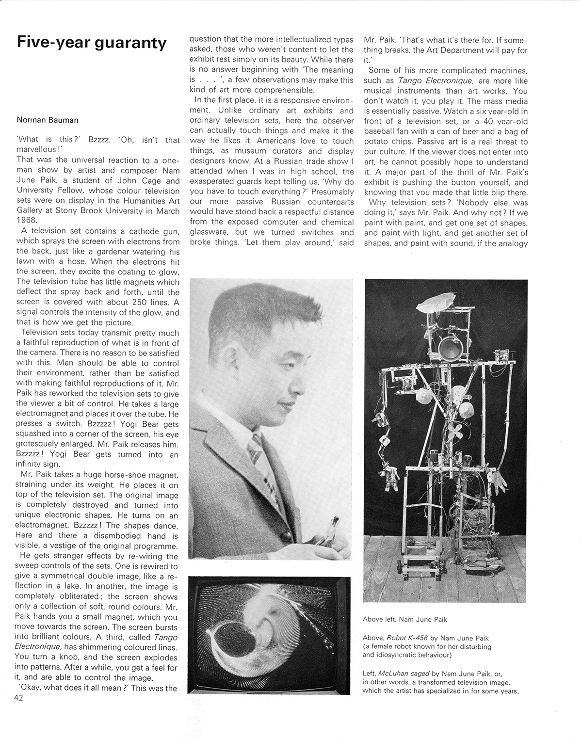 Five-year guaranty (featuring Nam June Paik) by Norman Bauman. Cybernetic Serendipity: The Computer and the Arts, Studio International Special Issue, 1968, page 42.