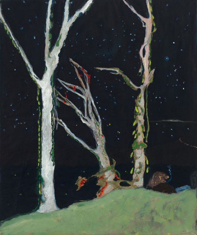 Peter Doig, Figures at Night, 2017. Oil on stretched kraft paper, 73.5 X 61.5 cm. Courtesy Michael Werner Gallery New York and London.