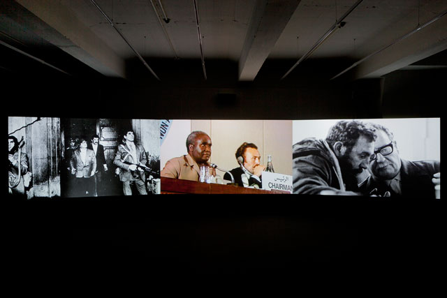 Naeem Mohaiemen. Two Meetings and a Funeral, 2017. Three-channel digital video installation, Hessisches Landesmuseum, Kassel, documenta 14. Photograph: Michael Nast.