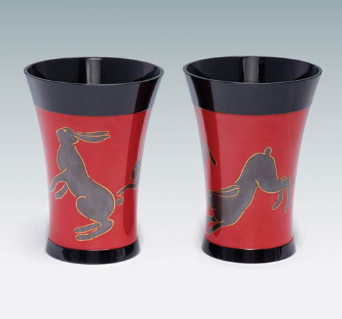 Yamazaki Kakutao (1899–1984). <em>Pair of Vases with Leaping Hares</em>, c1942. Wood, lacquer, each 10¼ × 7½ in. This exhibition is organised and circulated by Art Services International, Alexandria, Virginia.