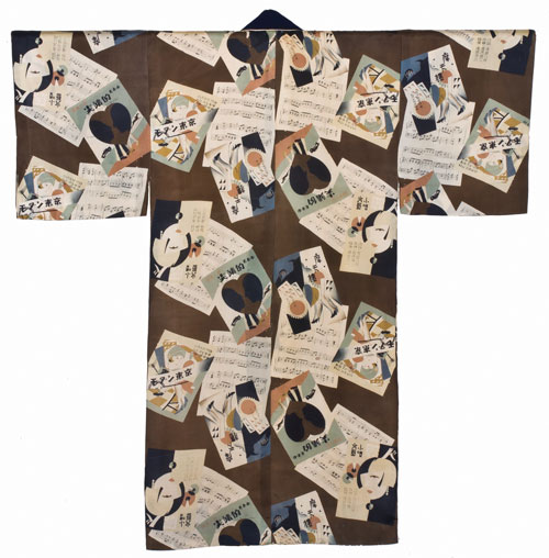 Artist unknown. <em>Haori Liner with Sheet Music Design</em>, c1930. Silk, 52 × 50¾ × 18¼ in [sleeve]. This exhibition is organised and circulated by Art Services International, Alexandria, Virginia.