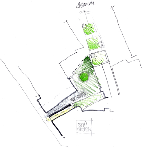 Fergus Purdie Architect. Extract from  design notebook investigating the external courtyard area and potential (soup garden) to extend towards adjoining gardens.
