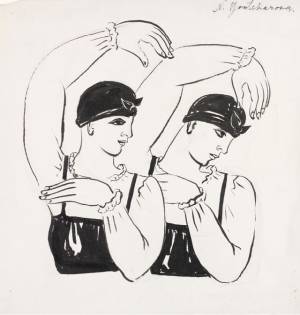 Natalia Goncharova. Two female dancers (half-length). Choreography design for Les Noces, c1923. Ink and paint on paper, 25 x 25 cm. Victoria and Albert Museum, London. © ADAGP, Paris and DACS, London 2019.