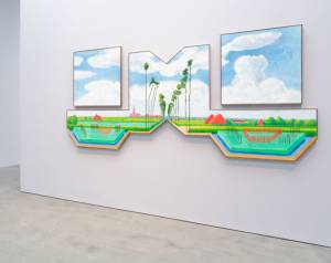 David Hockney. Tall Dutch Trees After Hobbema (Useful Knowledge), 2017. Acrylic on six canvases (two canvases: 36 x 36 in, four joined canvases: 24 x 48 in) overall installation dimensions 64 x 144 in (162.6 cm x 365.8 cm). Photograph courtesy Pace Gallery. © 2018 David Hockney.