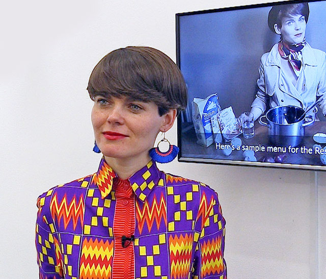 Małgorzata Markiewicz talks to Studio International about her video The Resistance Kitchen (2017), part of the exhibition Home Strike at I’étrangère in London, March 2018. Photograph: Martin Kennedy.