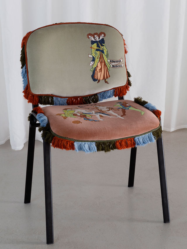 Georgia Horgan. All Whores are Jacobites, CAD embroidered cotton velvet, lecture chair, linenmix trim, dimensions variable, 2017. Photograph: Ollie Hammick.