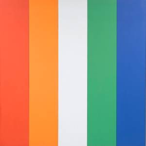 Ellsworth Kelly. Red Orange White Green Blue, 1968. Oil on canvas, 120 x 120 3/8 in (304.8 x 305.7 cm); each panel: 120 x 24 in (304.8 x 61 cm). Norton Simon Museum, Museum Purchase, Fellows Acquisition Fund, P.1968.14a-e. © Ellsworth Kelly Foundation.