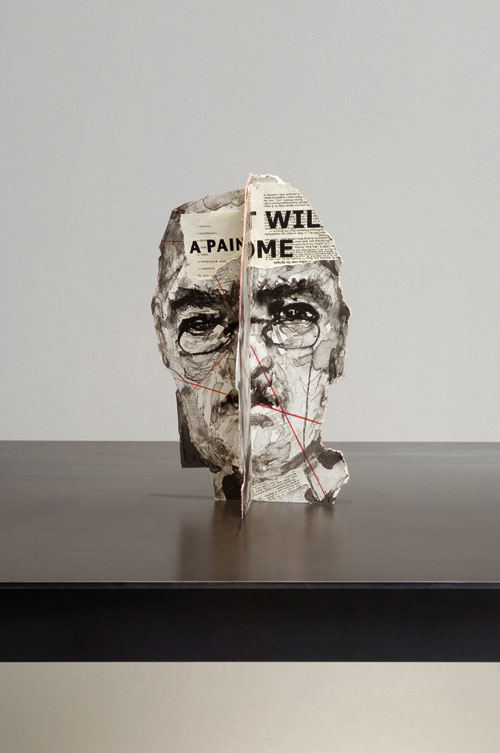 William Kentridge. Head I from the series Four Paper Heads, 2007. Lithography, letterpress, coloured pencil, watercolour and chine-collé. Approx. 37 x 25 x 20 cm (14 5/8 x 9 7/6 x 7 7/8 in). Edition of 25. Collection Goodman Gallery, Johannesburg.