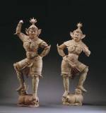 A PAIR OF LARGE PAINTED POTTERY FIGURES OF LOKAPALAS. Tang dynasty, late 7th/early 8th century. Height: 48 1/2 inches (123.2 cm.). The Chinese Porcelain Company