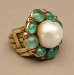 Marie Zimmermann. Ring, by 1922. Gold, baroque pearl, emeralds, pink sapphires and possibly rubies, 1 x 1 in (2.5 x 2.5 cm). Private collection. Photograph: David Cole © American Decorative Art 1900 Foundation. Used by permission.