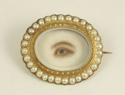 Artist Unknown. Brooch with Eye Miniature, c1845. Watercolour on ivory, gold, pearls, rock crystal. Collection of Cathy Gordon. Photograph: Courtesy of Cathy Gordon.