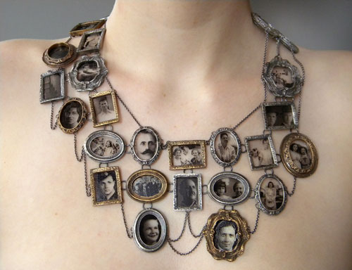 Ashley Gilreath. I Am Who They Were (neckpiece), 2011. Decal photographs, sterling silver, bronze, optical glass. Collection of the artist. Photograph: Michael Webster.