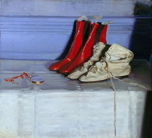 Sir William Nicholson. <em>Miss Simpson's Boots</em>, 1919. Oil on canvas 21 1/2 x 23 1/2 inches (54.6 x 59.7 cm). Copyright Elizabeth Banks. Courtesy of PaulKasmin Gallery, New York and Private Collection.