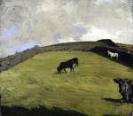 Sir William Nicholson. <em>Cattle and a White Horse at Pasture</em>, 1918. Oil on canvas 20 1/2 x 22 1/2 inches (53 x 61 cm). Copyright Elizabeth Banks Courtesy of PaulKasmin Gallery, New York and Private Collection.