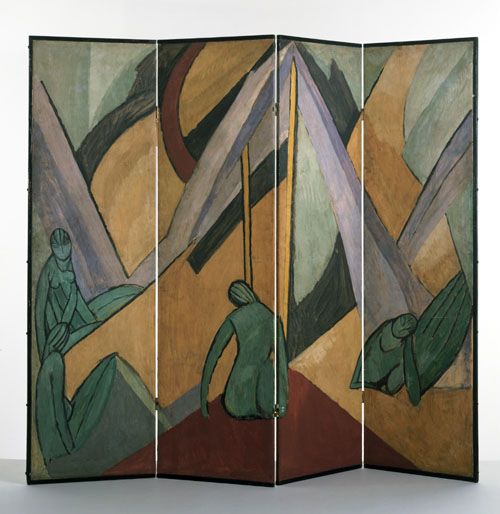 Omega Workshops,  (Vanessa Bell).        <em>Bathers in a Landscape, </em>
four-fold screen, 1913.

Gouache and pencil on paper laid on canvas, 175.6 x 205 cm. The Victoria & Albert Museum, London.