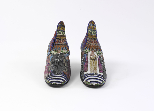 Paul Poiret (French, 1879-1944) by André Perugia (French, 1893-1977). <em>Le Bal</em> Shoes, 1924. Multicolored seed-bead embroidered portraits. The Metropolitan Museum of Art, Purchase, Friends of The Costume Institute Gifts, 2005