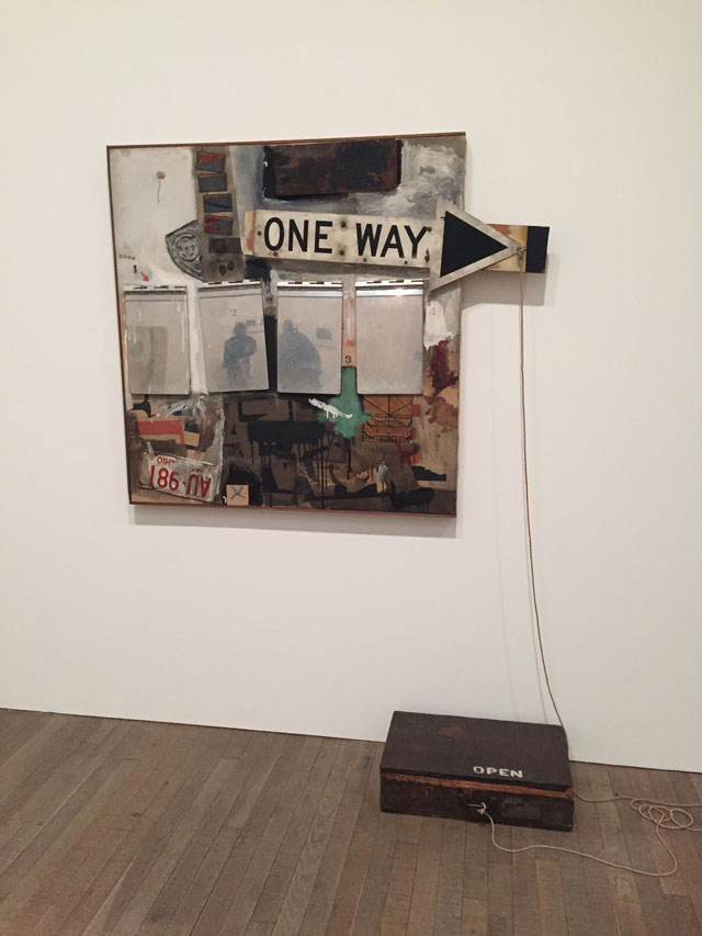 Robert Rauschenberg. Black Market, 1961. Oil paint, water colour, graphite, paper, fabric, newspaper, printed paper, printed reproductions, wood, metal, tin and four metal clipboards on canvas; with rope, rubber stamp. Ink pad, and variable objects randomly given and taken by viewers, in wood valise, 124.5 x 149.9 cm. Museum Ludwig Cologne/Donation Ludwig. Photograph: Martin Kennedy.