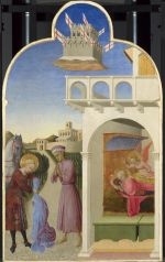 Sassetta. San Sepolcro Altarpiece. Saint Francis meets a Knight Poorer than Himself and Saint Francis's Vision of the Founding of the Franciscan Order, 1437-44. Egg tempera on poplar, 87 x 52.5 cm. © The National Gallery, London.