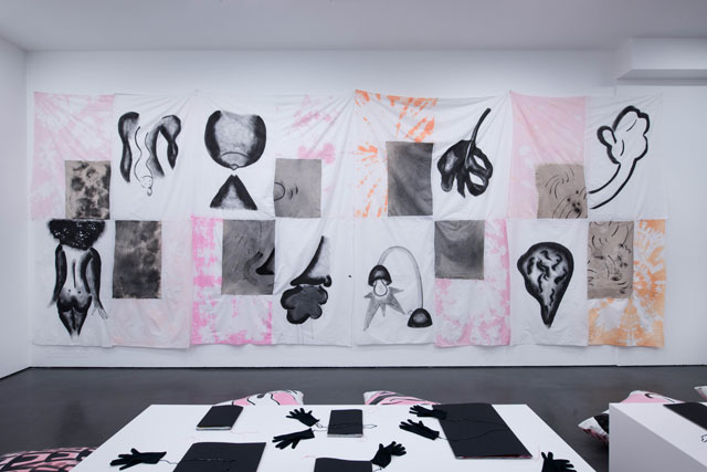 Sofia Stevi. graphic motifs on collaged paintings, installation view, turning forty winks into a decade, Baltic Centre for Contemporary Art, 2017.