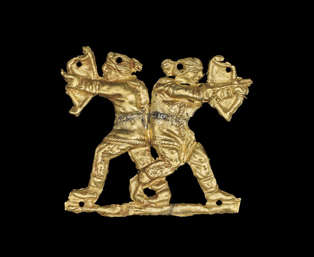 Applique archers. Gold applique showing two archers back to back, Kul Oba, 400BC - 350BC. © The Trustees of the British Museum.