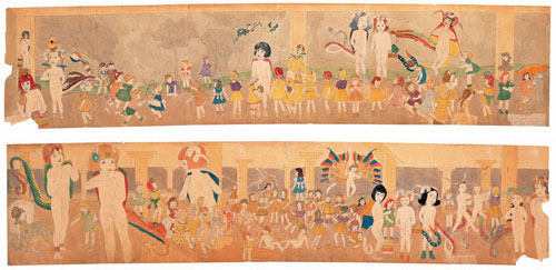 (double-sided). 144 At Jennie Richee. Waiting for the blinding rain to stop./145 At Jennie Richee. Hard pressed
and harassed by the storm. Henry Darger (1892–1973), Chicago, Illinois, 1950–1970. Watercolour, pencil, carbon tracing, and collage on pieced paper, 24 x 107 3/4 in. Collection American Folk Art Museum, New York. Museum purchase with funds generously provided by John and Margaret Robson. © Kiyoko Lerner. Photograph: James Prinz.