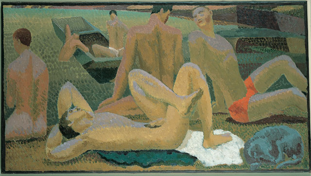 Duncan Grant. Bathers by the Pond, c1920-21. Oil on canvas, 49 x 90 cm. Pallant House Gallery (Hussey Bequest, Chichester District Council. © 1978 Estate of Duncan Grant, courtesy Henrietta Garnett / DACS 2016.