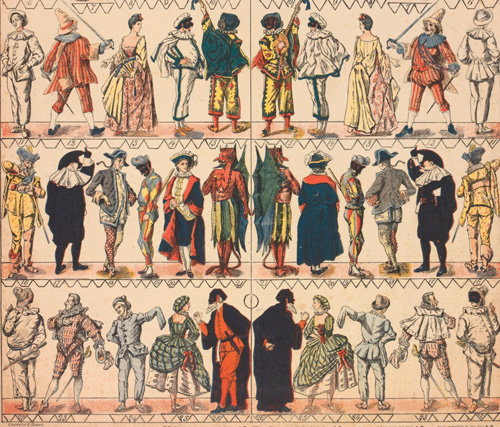 Masks and Characters of the Commedia dell’Arte (detail) Chromolithograph, 19th century. © Victoria and Albert Museum, London.