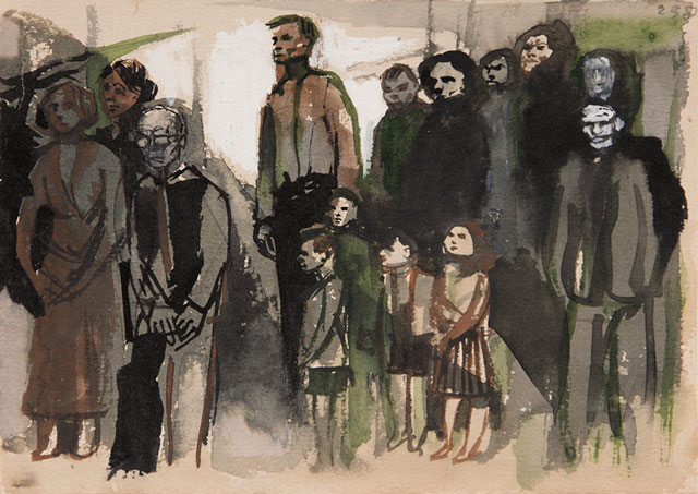 Andrzej Wróblewski. [Group Scene no. 238], undated. Watercolour and gouache on paper, 15 x 21 cm. Private collection. © Andrzej Wróblewski Foundation.