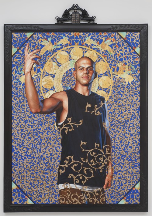 Kehinde Wiley. Leviathan Zodiac, 2011. Oil and gold enamel on canvas, 95 x 71 in (243.2 x 182.2 cm). Collection of Blake Byrne, Los Angeles. © Kehinde Wiley. (Photograph: Robert Wedemeyer, courtesy of Roberts & Tilton, Culver City, California).