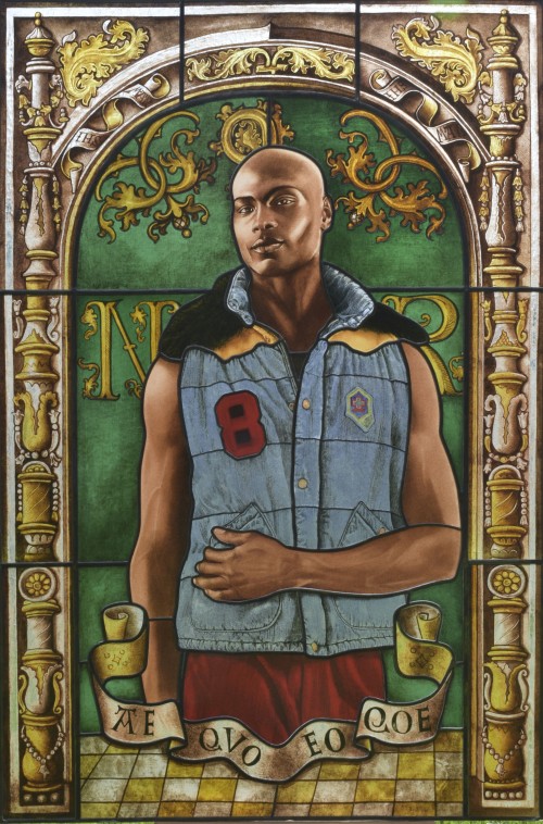Kehinde Wiley. Arms of Nicolas Ruterius, Bishop of Arras, 2014. Stained glass, 54 x 36 in (137.2 x 92.7 cm). Courtesy of Galerie Daniel Templon, Paris. © Kehinde Wiley.