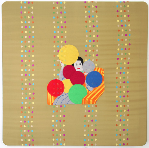 Raed Yassin. Mama With Balloons (Dancing Smoking Kissing Series), 2013. Silk thread embroidery on embroidered silk cloth, 100 x 100 cm. Kalfayan Galleries. Photograph courtesy of Kalfayan Galleries , Athens, Thessaloniki.