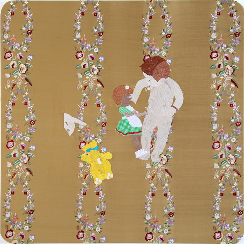 Raed Yassin. Naked With Doll And Teddy Bear (Dancing Smoking Kissing Series), 2013. Silk thread embroidery on embroidered silk cloth, 80 x 80 cm. Kalfayan Galleries. Photograph courtesy of Kalfayan Galleries, Athens, Thessaloniki.