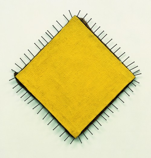 Günther Uecker. The Yellow Picture (Das gelbe Bild), 1957–58. Nails and oil on canvas, 87 x 85 cm. Private collection. © Günther Uecker. Photograph: Nic Tenwiggenhorn.